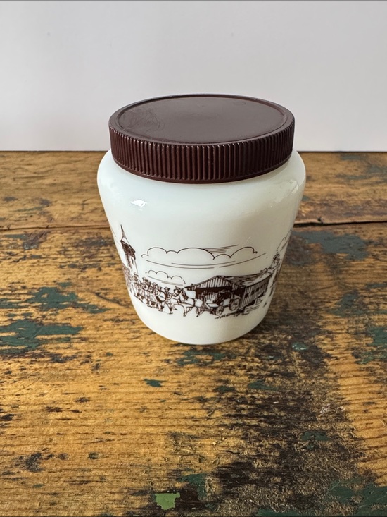 Other - Vintage Milk Glass Jar with Brown Lid and Country Scene